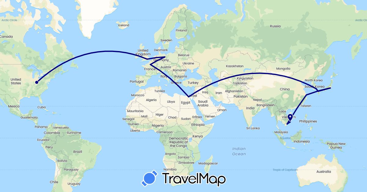 TravelMap itinerary: driving in China, Germany, Egypt, France, United Kingdom, Japan, South Korea, United States, Vietnam (Africa, Asia, Europe, North America)